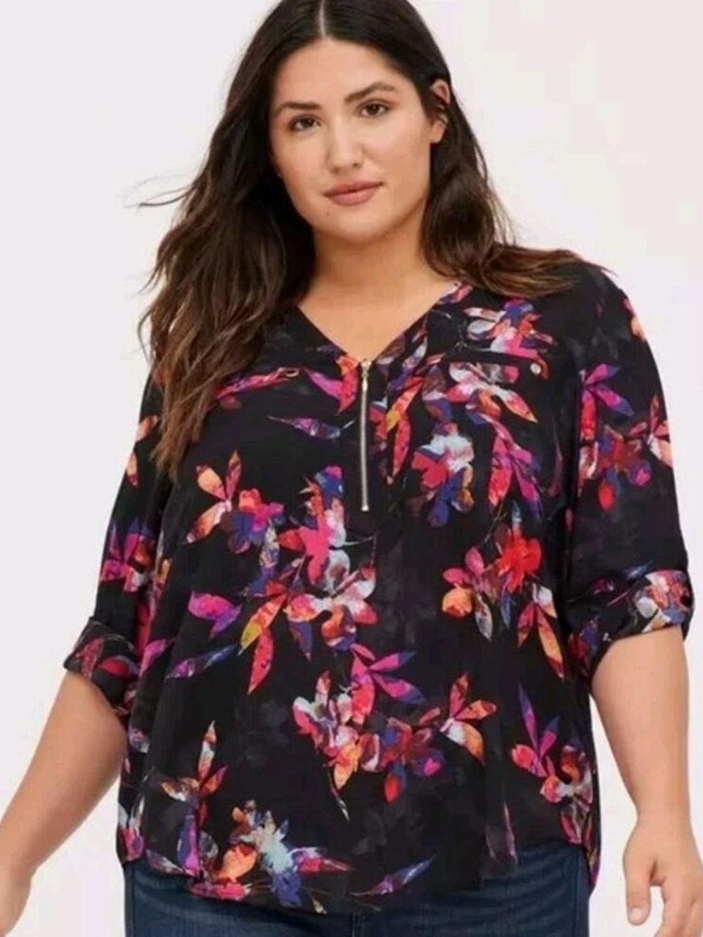 torrid Black Floral Zip V-Neck Blouse with Multicolor Print